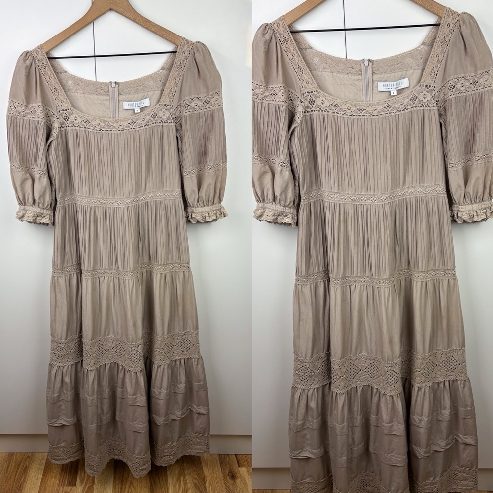 Hunter Bell Evelyn Dress Clay Silk Cotton Midi Square Neck Puff Sleeve Taupe 8 - Picture 2 of 9